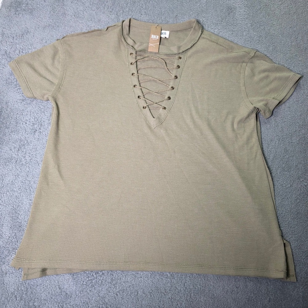 BKE Womens Medium Top Slate Green Lace Up Waffle Knit Short Sleeve MT1188